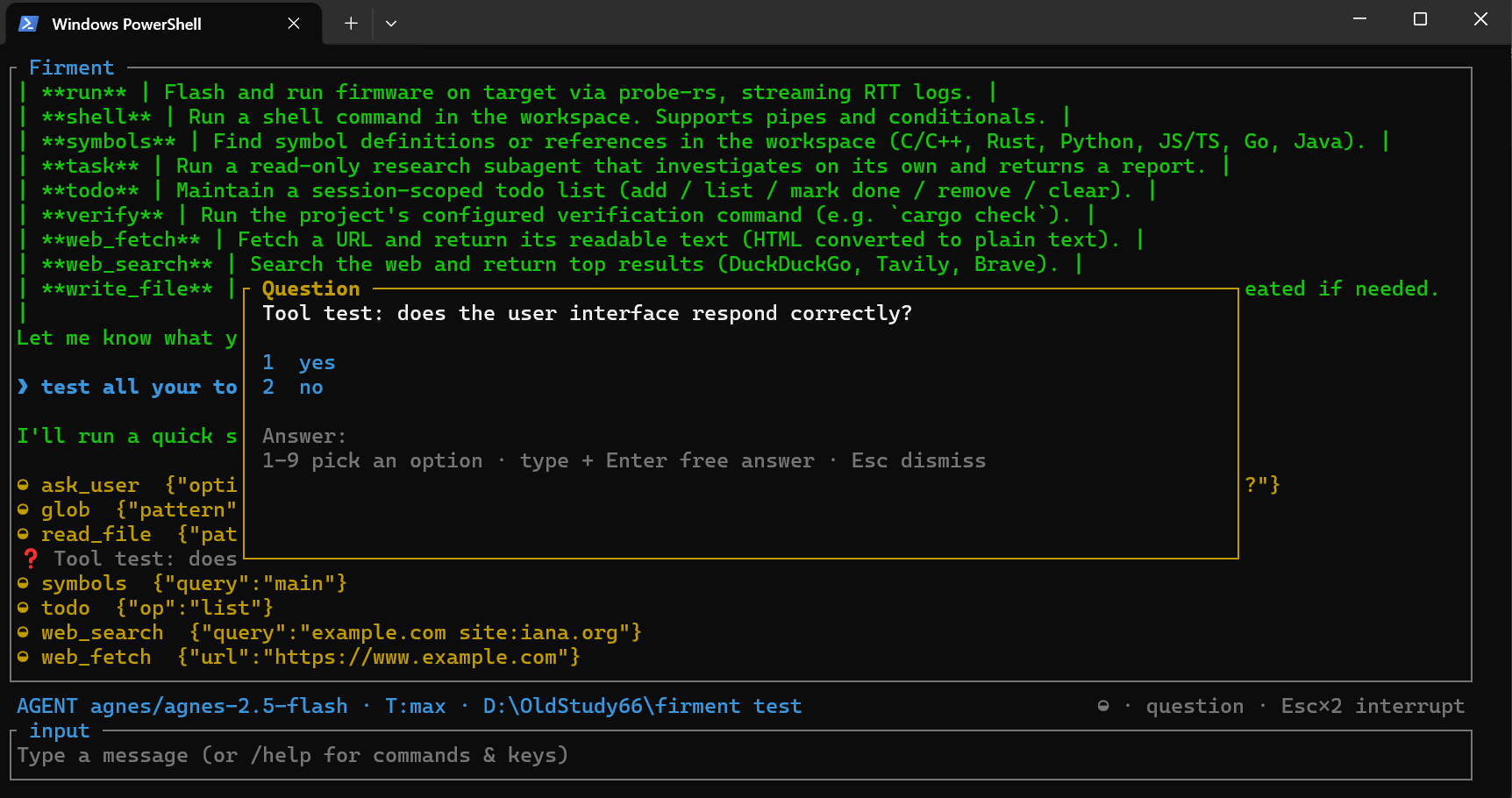 Firment TUI showing an ask_user dialog, a tool-call stack and a status bar